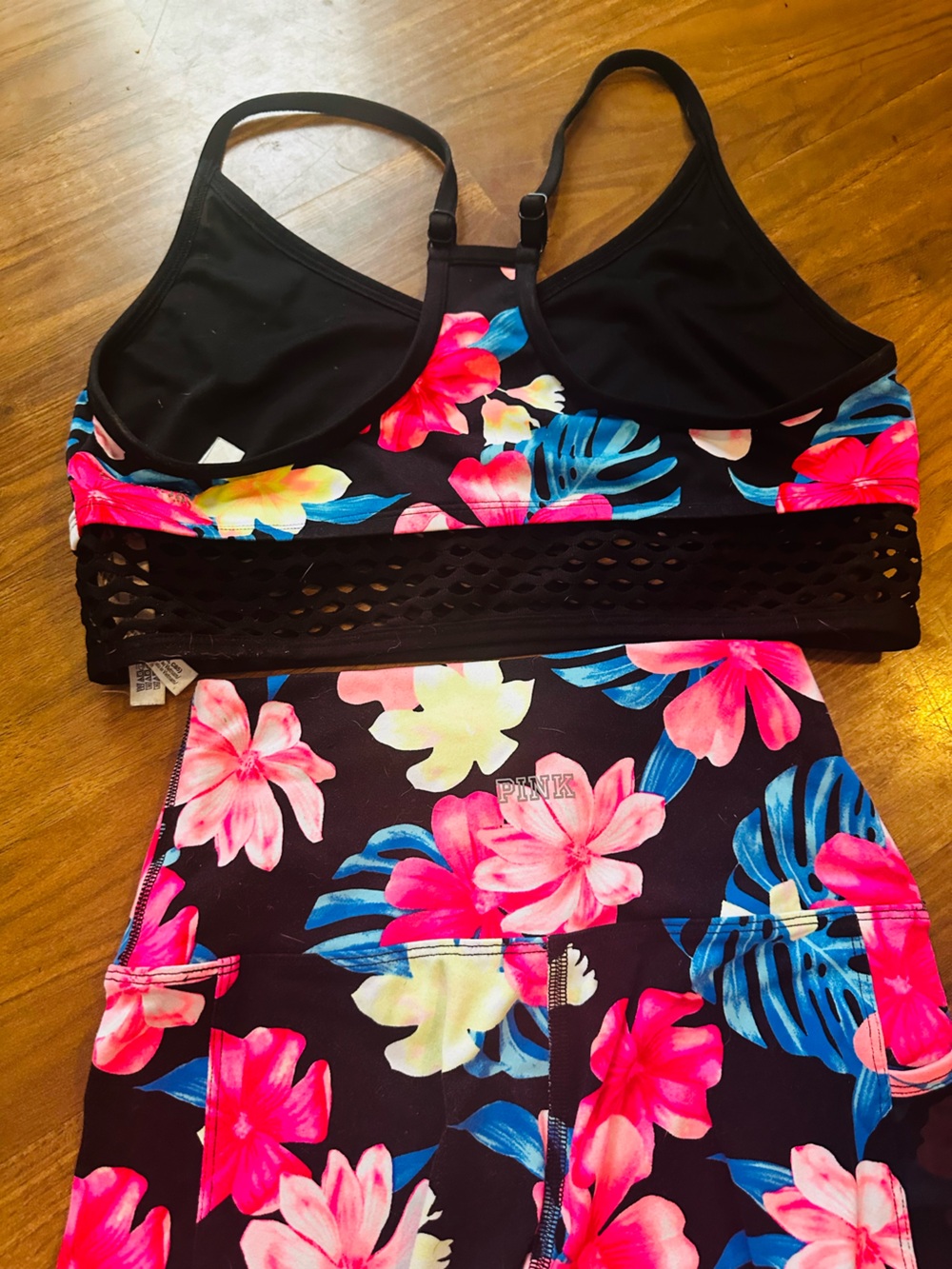 VS PINK Floral Womens 2 piece set - Black with Pink & Blue Floral Print